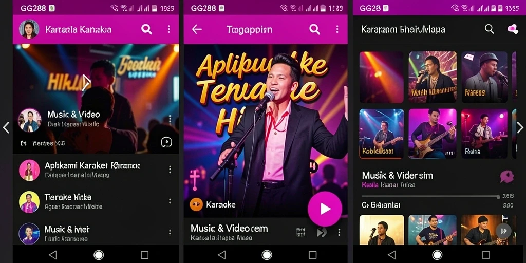 Antarmuka GG288 menampilkan pilihan lagu dan lirik untuk karaoke.